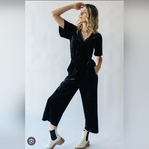 EUC Piper & Scoot M Black Velvet Jumper Belted Pantsuit Velveteen Short …